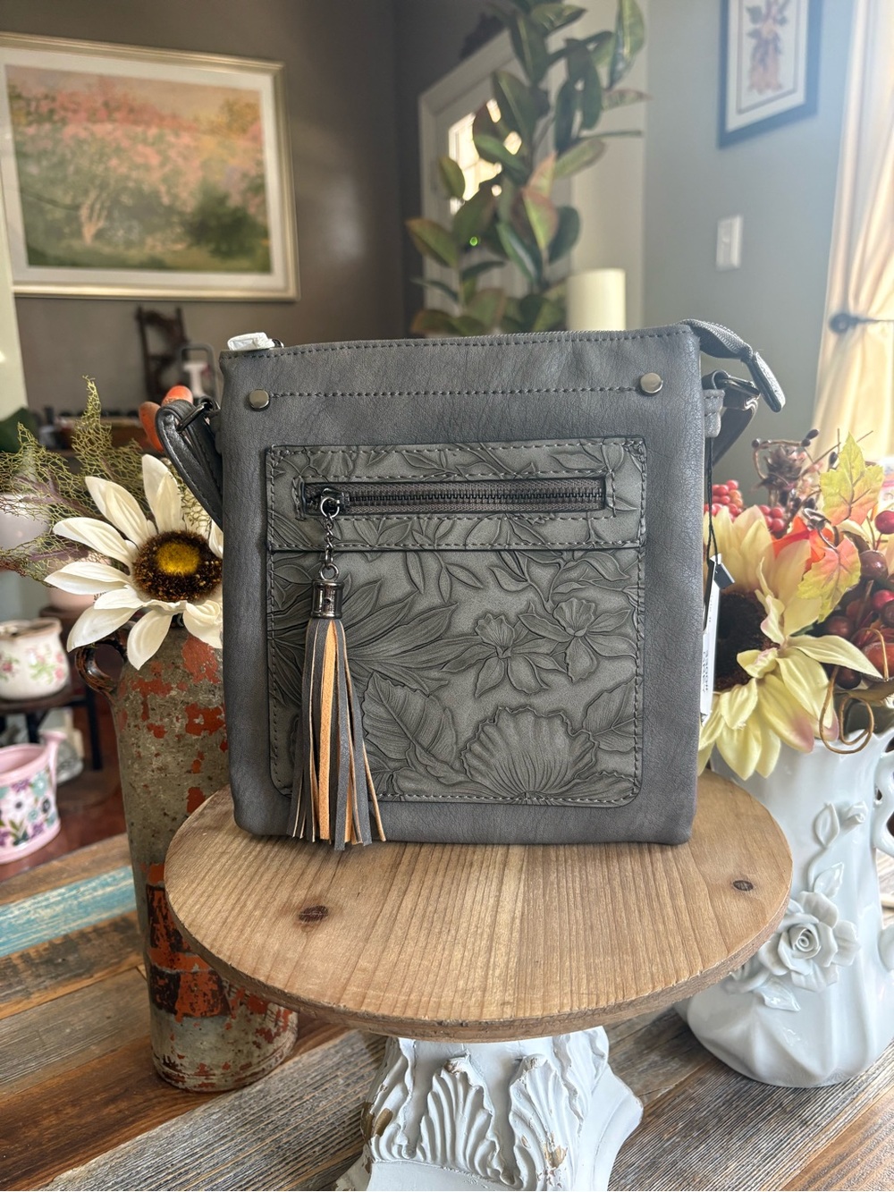 NWT Liz Soto Gray Floral Embossed Crossbody Bag
